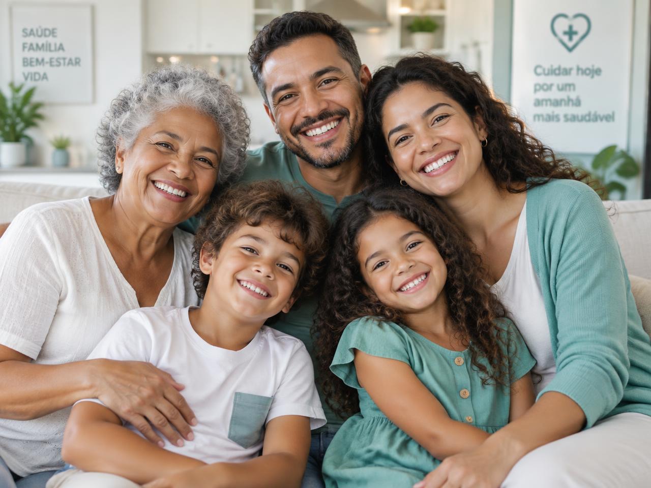 Família de três gerações sorrindo, atendida pelo cartão de benefícios em saúde NOVAsaúde Card em Nilópolis